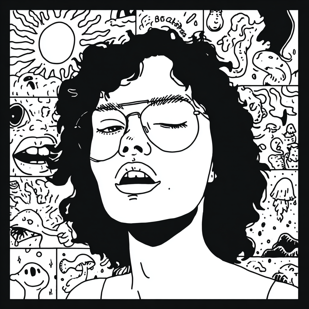 A psychedelic illustration of a winking woman with curly hair and glasses