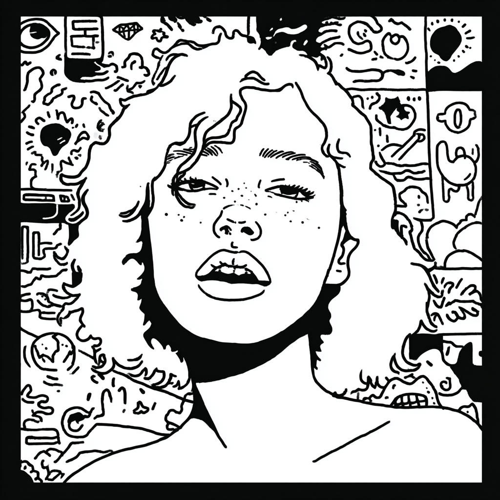 Psychedelic black and white portrait of a woman with curly hair