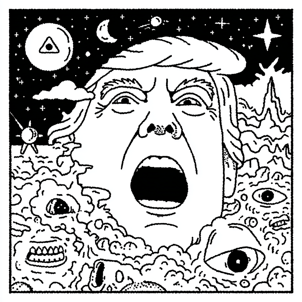 psychedelic illustration of screaming Trump in a cosmic, chaotic landscape