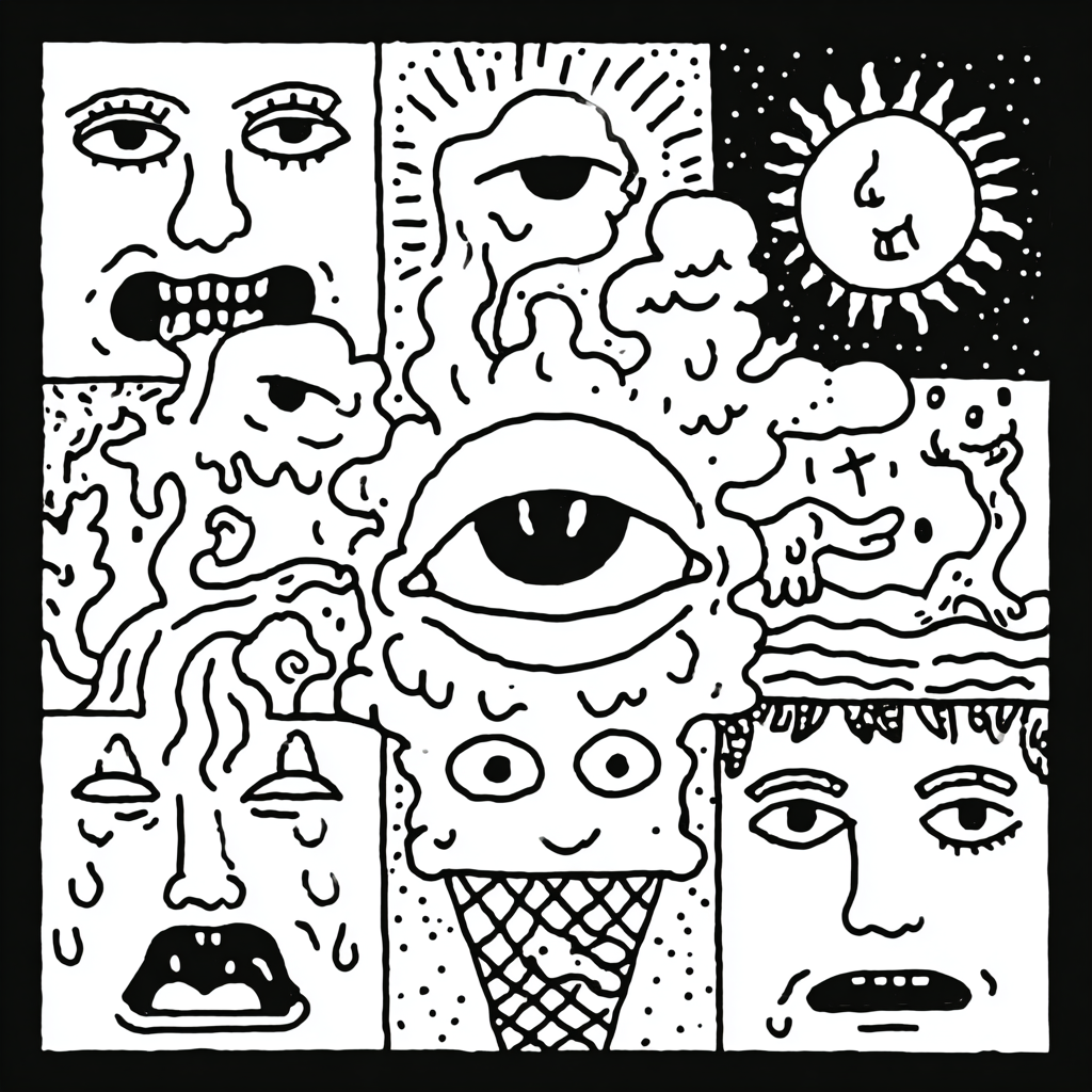 psychedelic ice cream and multiple faces with eyes